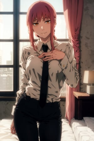 1girl, room, bed, sexy shirt, tie, sexy black trousers, Full HD, sexy pose, good detail ,makima \(chainsaw man\)