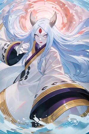 masterpiece,best quality,highly detailed,ultra-detailed,an extremely delicate and beautiful,masterpiece,1girl, solo,kaguya,mature female,  long hair, absurdly long hair, third eye,horns,  pale skin,white short eyebrows,  otsutsuki kimono, perfect eyes,floating hair, sexy pose, High quality 7k, High resolution ,fully_clothed