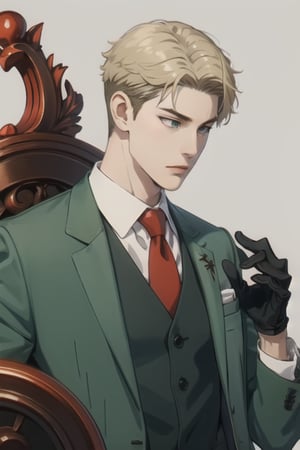 Mrs forger,male focus, 1boy, twilight \(spy x family\), expressionless, closed mouth,short blonde hair, formal, green suit, red necktie, green pants, black gloves, anime version ,4k resolution, High quality High resolution, anime style, holding AK—47 gun