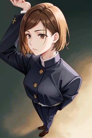 kugisaki nobara, closed mouth, brown eyes, school uniform, short hair, jacket, upper body, 1girl, lips, brown hair, solo , Full body 