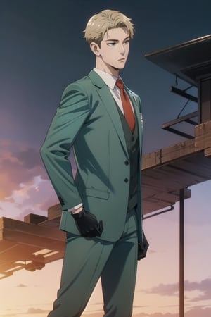 Mrs forger,male focus, 1boy, twilight \(spy x family\), expressionless, closed mouth,short blonde hair, formal, green suit, red necktie, green pants, black gloves, anime version ,4k resolution, High quality High resolution, anime style ,holding_object