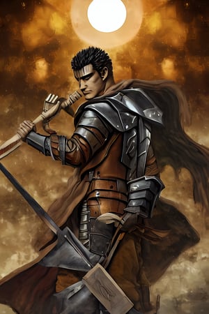 masterpiece, best quality, highly detailed, guts \(berserk\), 1boy, armor, bandages, black hair, cape, full moon, huge weapon, male focus, manly, moon, multicolored hair, one eye closed, scar, solo, sword, weapon, white hair
