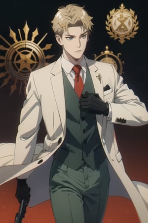 Mrs forger,male focus, 1boy, twilight \(spy x family\), expressionless, closed mouth,short blonde hair, formal, green suit, red necktie, green pants, black gloves, anime version ,4k resolution, High quality High resolution, anime style, holding AK—47 gun