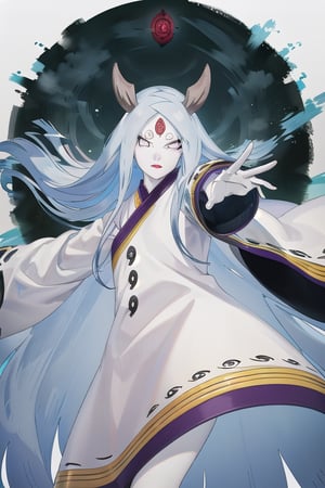 masterpiece,best quality,highly detailed,ultra-detailed,an extremely delicate and beautiful,masterpiece,1girl, solo,kaguya,mature female,  long hair, absurdly long hair, third eye,horns,  pale skin,white short eyebrows,  otsutsuki kimono, perfect eyes,floating hair, sexy pose, High quality 7k, High resolution ,fully_clothed