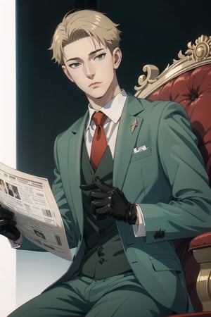 Mrs forger,male focus, 1boy, twilight \(spy x family\), expressionless, closed mouth, looking at viewer, sitting, holding newspaper, short blonde hair, formal, green suit, red necktie, green pants, black gloves, anime version ,4k resolution, High quality High resolution, anime style 