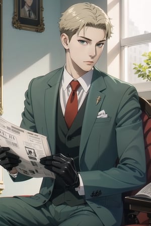 Mrs forger,male focus, 1boy, twilight \(spy x family\), expressionless, closed mouth, looking at viewer, sitting, holding newspaper, short blonde hair, formal, green suit, red necktie, green pants, black gloves, anime version ,4k resolution, High quality High resolution, anime style 