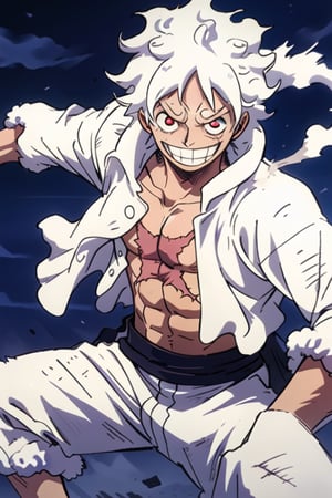 gear fifth, wanostyle, monkey d. luffy, 1boy,alternate form, fighting type style,burn scar, smile, teeth, curly eyebrows, thick eyebrows, white fir,fur trim, looking at viewer, male focus, medium hair, night, open clothes, open shirt, outdoors, pectorals, scar on chest,shorts, solo, steam, sanpaku, stomach, toned, toned male, white clothes,white hair, red eyes,  (masterpiece), High resolution, High quality,4k ,4k resolution , anime style, anime version, similar to anime series (one piece) ,image doesn't go outside from the frame ,dangers fighting background 