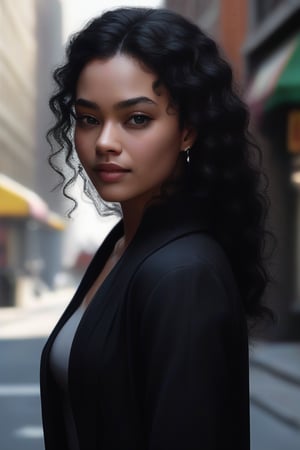 1womanblack,, long hair, curly hair, character design with beautiful features,Street Background,realism,OHWX