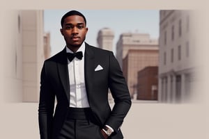 a 25 year old black man,fashion illustration of a black man exuding confidence and style in an elegant, culturally-inspired outfit, in the city