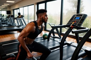 Handsome young Black man wearing sportswear, working out in a gym on a treadmill 