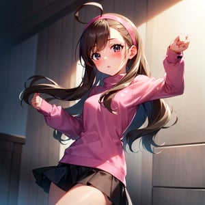 1girl, masterpiece, best quality, ultra detailed, mabel pines, anime, brown hair, large pink turtleneck sweatshirt with a rainbow print, dynamic pose, skirt, cowboy shot, parted bang, ahoge, blush, simple pink hairband, braces, petanko, black eyes