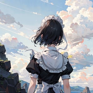masterpiece, best quality, 1girl, apron, black hair, bob cut, clothing, facing away, female, frilled apron, frills, from behind, grey sky, headdress, headwear, maid, maid apron, maid headdress, ribbon, short hair, sky, solo, twilight, upper body, white ribbon, facing away, cloudy, sad, flowers, cliff scenery, requiem, dark mood, tomb