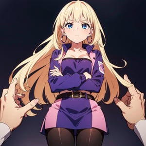 1girl, masterpiece, best quality, ultra detailed, pacifica northwest, anime, sexy, very long hair, straight hair, blunt bangs, pantyhose, hoop earing, blue eyes, ((short pink dress)), ((cropped purple jacket)), purple belt, blonde hair, disdain, wide hips, hime cut, mansion background, volumous hair, no sidelocks, pov, pov_eye_contact, crossed arms