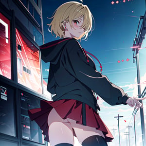 1girl, black hoodie, black legwear, black thighhighs, blonde hair, bloodstain on hood, blush, brown eyes, clothing, ear piercing, earrings, female, from behind, hair over one eye, hood, hood down, hoodie, jewelry, legwear, long sleeves, looking at viewer, looking back, parted lips, piercing, red skirt, short hair, skirt, solo, stud earrings, thighhighs, thighs, zettai ryouiki, badgirl, stylish, dark street background, looking at viewer, dynamic background, dynamic pose, (seductive:1.2), (sexy:1.2), (beautiful:1.2), (attractive:1.2), ((hyper super ultra detailed perfect piece)), (perfect details:1.1), (masterpiece, 4k ,ultra detailed:1.2), (anime:1.2), (illustration:1.1), ((high resolution)), (Highest Quality), Amazing Details:1.25), (Raytracing:1.2), Bloom, Volumetric Lighting, Best Shadows, high resolution, 8k_wallpaper, dynamic light, cinematic light, two tone lighting, rim lighting, dark studio, dimly lit, low key, butt peak