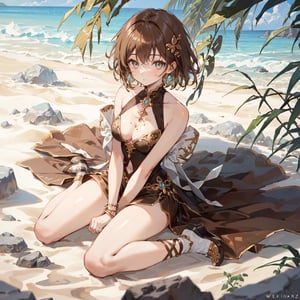 1 earth elemental, topaz eyes, brown short hair, glowing body, tan skin, (smile:0.6), kind, hair ornaments, (sand brown costume:1.2), bare shoulders, topaz bracelet, sitting on rock, wariza, (plant:0.8), dried land, day, depth of field, cowboy shot, looking at viewer, (intricate:1.2), (brown theme:1.3), (brown tone:1.4), illustration, ((ultra-detailed)), masterpiece:1.4, (best quality:1.3), ((an extremely delicate and beautiful)), good hands, perfect anatomy, good anatomy, good legs, perfect arms and legs