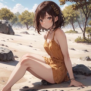 1 earth elemental, topaz eyes, brown short hair, glowing body, tan skin, (smile:0.6), kind, hair ornaments, (sand brown costume:1.2), bare shoulders, topaz bracelet, sitting on rock, wariza, (plant:0.8), dried land, day, depth of field, cowboy shot, looking at viewer, (intricate:1.2), (brown theme:1.3), (brown tone:1.4), illustration, ((ultra-detailed)), masterpiece:1.4, (best quality:1.3), ((an extremely delicate and beautiful)), good hands, perfect anatomy, good anatomy, good legs, perfect arms and legs