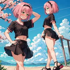 1girl, arms at sides, cameltoe, bare legs, black footwear, blue sky, blush, breasts, embarrassed, low angle, closed mouth, clothing, crop top, day, female, footwear, green eyes, hairband, kneepits, light blush, small breasts, midriff, nail polish, navel, nose blush, outdoors, overskirt, pink hair, sandals, short hair, short sleeves, skirt, sky, smile, black spats, stomach, sweat, thigh pouch, toeless legwear, toenail polish, toenails, toes, walking, sakura haruno, loli, , side view, standing, nsfw, Sakura Haruno hairstyle, thick thighs, midriff peak