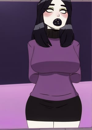 Solo, (mature female:1.6), (big lips:1.5), (long black straight hair:1.4), pale skin (blush:1.2), (expressionless face:1.5) (Black short dress sweater:1.3) (cartoon:1.1), upper torso, hd quality, 4k , very detailed,SAM YANG,EnvyBeautyMix23