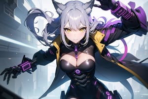 futuristic, foxy girl, Silver hair, yellow eyes, and shiny purple coat, fantasy, cybernetic,Xxmix_Catecat,pov