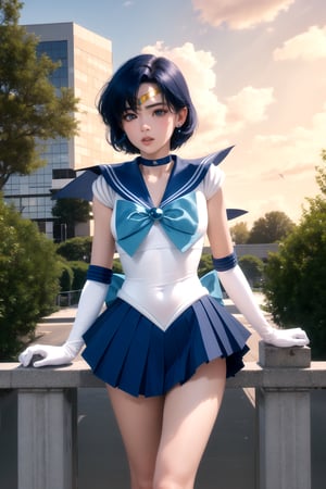 masterpiece, best quality, highres, mer1, tiara, sailor senshi uniform, short blue skirt, blue sailor collar, tiara, bow, knee boots, choker, white gloves, blue choker, elbow gloves, jewelry, earrings, short pleated skirt, mercury_v2:0.7, outside, cowboy shot, skinny, long legs