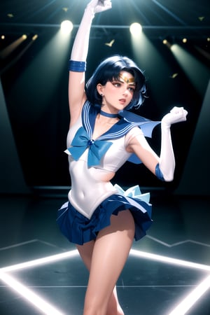 masterpiece, best quality, highres, mer1, tiara, sailor senshi uniform, skimpy skirt, blue sailor collar, tiara, bow, knee boots, choker, white gloves, blue choker, elbow gloves, jewelry, earrings, mercury_v2:0.7, nightclub , cowboy shot, skinny, long legs, dancing