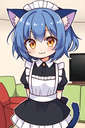 1girl, chibi, cute, :3, smile, blue hair, orange eyes, maid, arms behind back, living room, cat ears, tail,