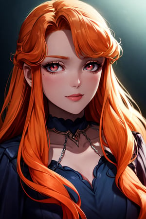 (masterpiece, best quality), (absurdres absolutely resolution), (2D), (8k), (detailed beautiful face and eyes), (detailed illustration), (super fine illustration), (vibrant colors), (professional lighting), 1girl, vampire, young, orange hair, long hair, red eyes, pointed ears, pale skin, blushin, cheerful, closed mouth, blue dress, (medium body),lenore,Detailedface