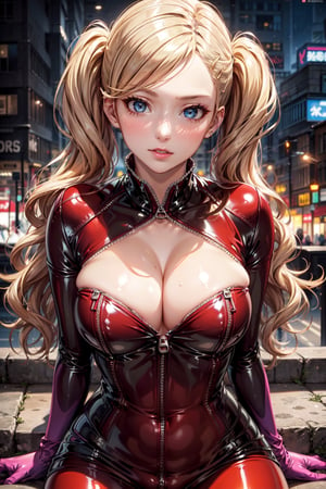 (masterpiece, best quality), ((ultra detailed, extremely complex, ultra high resolution, RAW, HDR,)), beautifully detailed eyes, (photorealistic: 1.2) city streets background, view of a busy street , (night), 1 girl, looking at viewer, upper body, seated figure four, natural breasts, beautiful finely detailed eyes, perfect eye makeup, wide bright eyes, (red clothes, tight latex suit with zippers and cleavage window: 1.3), blonde hair, model shoot style, sexy vixen quality, detailed skin texture, detailed fabric texture, stunning gradient colors, ray tracing, side lighting, edge lighting, best shade.  , perfect female body, perfect breasts, perfect hips, perfect anatomy, smooth abdomen, thin and thin skin, shiny, shiny skin, slim legs, shiny skin, takamaki_anne, red bodysuit, long hair, zipper, pink gloves, boots, twintails, hairclip, medium breasts,takamaki anne(persona 5), ,Details++