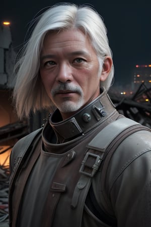 RAW photo, a close up portrait photo of brutal 45 y.o man in wastelander clothes, long haircut, pale skin, slim body, background is city ruins, high detailed skin, 8k uhd, dslr, soft lighting, high quality, film grain, Fujifilm XT3.