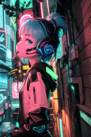 (frontal view, facing viewer:1.2), centered, masterpiece, face portrait, | 1girl, solo, aqua hair color, short hairstyle, light blue eyes, | (neon wireless headphones headset:1.2), (black neon futuristic mouth mask:1.2), dark blue hoodie, | futuristic city lights, sunset, buildings, urban scenery, neon lights | bokeh, depth of field,