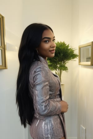 Side view of a  large breasted 15-year-old black african girl  with a muscular butt, with smooth pale skin, a sweet expression and smile, stands confidently in a strapless nightie. Her long black african hair flows naturally, and she looks straight into the camera with blue eyes that have a slight shine, accentuated by delicate makeup including red lipstick and eye lashes. The background features a luxury girl's bedromm with femine wall hang ings, colors and lamps, illuminated by soft natural light. High resolution, 4K quality, hyperrealistic, raw image, unpolished filter, depth of field, loft, Canon EF 100-400mm f/4.5, Fujifilm Pro 400H.