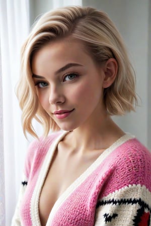 (Extremely Realistic, best quality, (masterpiece), high resolution, high quality, high detail, 16K, very fine details, realistic, RAW photo, real photo, high resolution, HD, perfect proportions, perfect hands, perfect body, perfect face, cinematic lighting ), 1girl, Surreal photo of a beautiful girl, a concept of young Gwen Stacy with her undercut, sidecut hair style. The girl wears a Fuzzy cleavage crochet sweater with pink details. This scceneis her bedroom, 20 years old, beautifull eyes, full lips, blushing. Dynamic sexy pose, smile. Full body shot, g_s, blonde