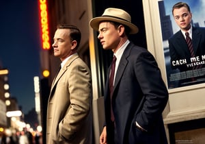 Realistic side photo Tom Hanks in "Catch Me If You Can"Top coat, suit, fedora.  He is back to back with Leonardo DiCaprio. New Years downtown background.
 .realistic,Extremely real,Leonardo DiCaprio,TCatch Me If You Can poster,Tom Hanks,p4ul
