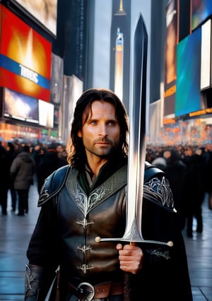 Realistic full body photo of  Aragorn From Lord of the Rings holding his sword. Times Square New Years Eve background.
 .realistic,,Extremely Realistic