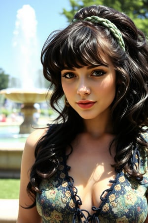 Black haired gypsy girl with a top scunchie and cleavage. Sunny day park fountain background.