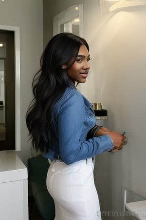 Side view of a  large breasted 15-year-old black african girl  with a muscular butt, with smooth pale skin, a sweet expression and smile, stands confidently in a strapless nightie. Her long black african hair flows naturally, and she looks straight into the camera with blue eyes that have a slight shine, accentuated by delicate makeup including red lipstick and eye lashes. The background features a luxury girl's bedromm with femine wall hang ings, colors and lamps, illuminated by soft natural light. High resolution, 4K quality, hyperrealistic, raw image, unpolished filter, depth of field, loft, Canon EF 100-400mm f/4.5, Fujifilm Pro 400H.