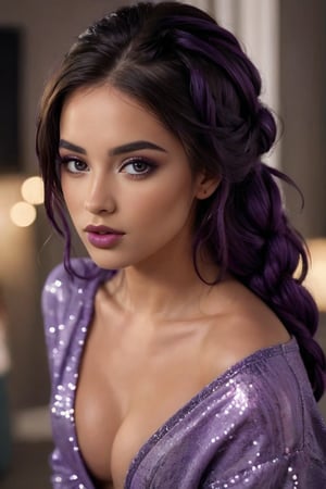 ((masterpiece)), ((best quality)), (((photo Realistic))), (portrait photo), (8k, RAW photo, best quality, masterpiece:1.2), (realistic, photo-realistic:1.3). A stunning, high-resolution fashion poster featuring a captivating young model with thick fluffed purple hair covering one eye, long, long purple braid, , dark purple eye shadow, glitter-purple lip balb, in a stylish bedroom setting. The model is wearing a cozy sweater that accentuates her chest and showcases her beautiful. Her hair is styled in an elegant bun, drawing attention to her alluring features. The overall atmosphere of the image is sultry and glamorous, with a focus on fashion and beauty.