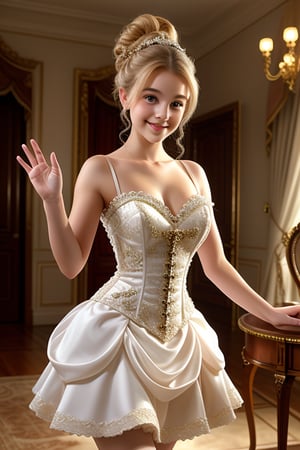 [Holding up a hand to the viewer, limp wrist] (((full body head to toe image))) Pretty and charming girl offers her hand to her guest, a greeting gesture.. She wears a very elegant noblewoman oufit. She is a very cute girl. Hyperdetailing masterpiece, hyperdetailing skin, masterpiece quality, with 4k resolution. Charming smile. Short hair, himecut hairstyle, blonde hair. Mansion in background. She belongs to the nobility. bun hairstyle. tender and charming smile.