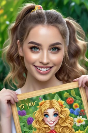 A wavy hair top scrunchie girl in a garden, smiling, holding a golden board with text "TA!YEAR" text,illustration,ultra-detailed,realistic,vivid colors,hdr,sharp focus,studio lighting,beautiful detailed eyes,beautiful detailed lips,longeyelashes,medium