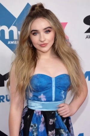 Full body standing 22 year old Large breasted Sabrina Carpenter, and Addison Rae, pop stasr MTV Awards,  is  wearing a push-up strapless spring dress, very long hair, tiny-rose hairclips sexy big hair, blue eyes, mole on cheek