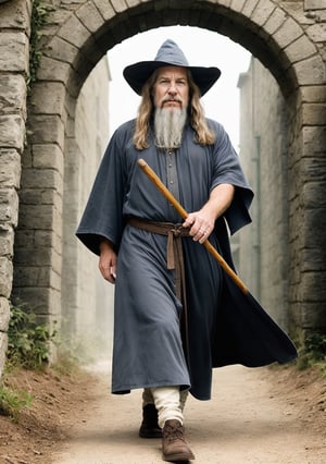 Realistic photo of Jeff Bridges as The Dude  from The Big Lebowski as the wizard Gandalf The Gray, long beard, wizard hat, dirty robes, walking staff. from the "You Shall Not Pass!" scene. Blarog.
 .realistic, balanced lighting, contrat.,arch143,sh3lby,hdsrmr,DonMCyb3rN3cr0XL ,Techno-witch