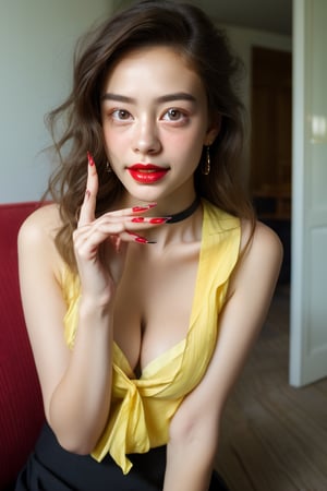 (((1girl showing the viewer her extra-long red fingernails.))) best quality, ultra-high resolution, 25 years old girl, with huge cleavage, red lip stick, extra-long red fingernails, yellow sleeveless button-down shirt, black skirt, black choker, cute, (kpop idol), (aegyo sal:1), (brown blonde hair:1), ((puffy eyes)) , medium breasts, looking at viewer, full body, looking forward, living room, lying on floor