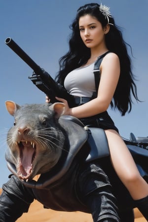 A breathtakingly beautiful young woman, 1girl, posing, upper body, very long thick teased wavy black hair, top scrunchie, 15 year old ation star rideing a scf-fi creature, a  wombat-Lizard. Leather and sivler saddle on the creature. She has a large scifi gun with her. Alien world background.