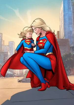 Side photo. A blonde 22 year old Supergirl kneeling before a 1 year old Little Girl. 
Downtown background.
Classic Supergirl ,red cape, red skirt
,SAM YANG,3d toon style,sketch art