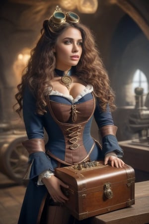 (((TREASURE CAVE IMAGE))) Very beautiful Steampunk lady, (((thick curly long hair, steampunk outfit and binoculars,raygun, In a room full of wooden chests over-flowing with gold coins and pewels, shineing.hyperrealism, photorealistic, 8k, unreal engine,HZ Steampunk