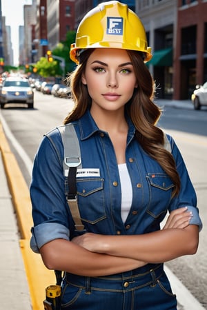 portrait of a confident, beautiful young girl city utility worker. her shoulder length brown hair frames her face. natural beauty. beautiful green and brown eyes. catchlights in the eyes. full lips. She is wearing a hardhat, head lamp, tube top, blue jean coveralls standing half way down a manhole, busy city intersection, traffic and baracades background.. Rolled up paper and a hammer in her hands. The image has a neutral color tone with natural light setting. f/5.6 50mm, full body shot, sharp focus, (Best Quality:1.4), (Ultra realistic, Ultra high res), Highly detailed, Professional Photography