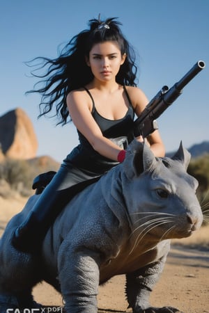 A breathtakingly beautiful young woman, 1girl, posing, upper body, very long thick teased wavy black hair, top scrunchie, 15 year old ation star rideing a scf-fi creature, a  wombat-Lizard. Leather and sivler saddle on the creature. She has a large scifi gun with her. Alien world background.