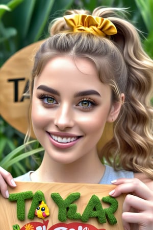A wavy hair top scrunchie girl in a garden, smiling, holding a golden board with text "TA!YEAR" text,illustration,ultra-detailed,realistic,vivid colors,hdr,sharp focus,studio lighting,beautiful detailed eyes,beautiful detailed lips,longeyelashes,medium