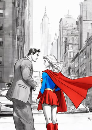 Side photo. A blonde 22 year old Supergirl talks to a Little Girl. 
Downtown background.
Classic Supergirl ,red cape, red skirt
,SAM YANG,3d toon style,sketch art