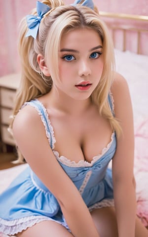 1girl,very sexy doe-eyed lolita beautiful blonde girl, blue eyes, full lips, tall stacked messy hairstyle, big breasts, very sexy.  fit body, thick thighs. , nightie, detailed face, from above, close up,ct-niji3,Ishiqa. bedroom fellatio sceen.